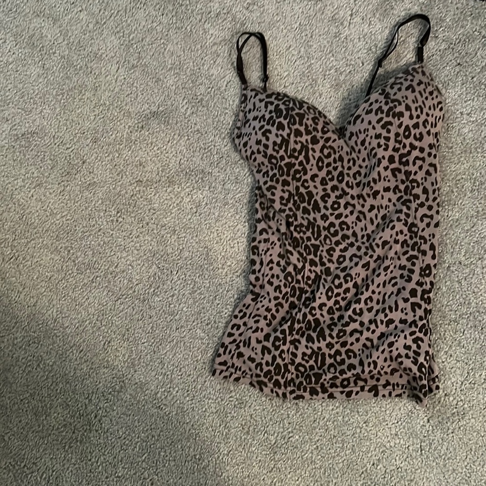 Gray leopard spaghetti strap tank top with bra cups